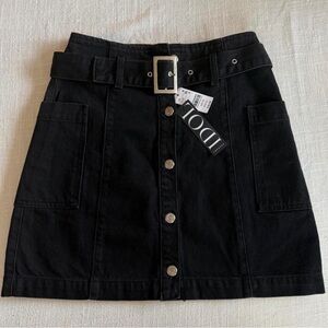 Topshop Black Button-Front Denim Mini Skirt with Belt